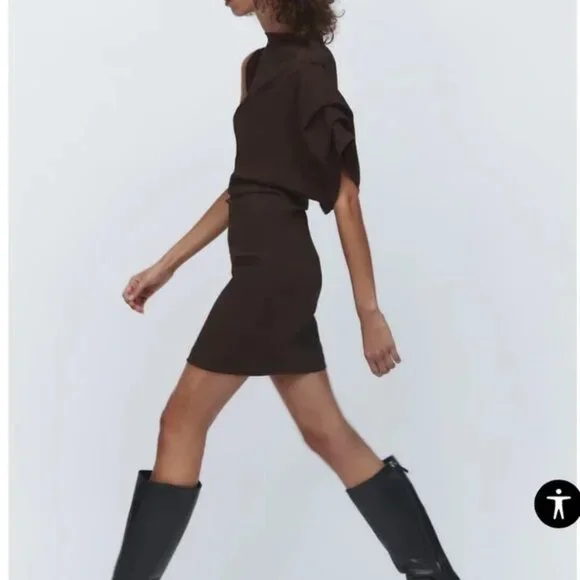 ZARA WOMEN'S DRAPED ASYMMETRIC BROWN MINI PARTY COCKTAIL DRESS XS NWOT - Picture 3 of 3